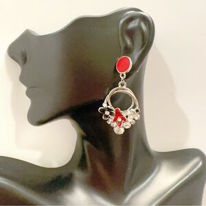 Korean Silver-tone Dangling Stud earrings - White/Red/Black flowers rhinestones